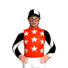 RED, WHITE STARS, BLACK SLEEVES, WHITE DIAGONAL STRIPES, BLACK & WHITE QUARTERED CAP
