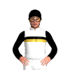 BLACK, WHITE STRIPES,RED SLEEVES,WHITE DOUBLE ARMBANDS,LIGHT BLUE CAP
