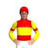 RED, BLACK CROSSED SASHES,RED SLEEVES, BLACK HOOPS, Orange cap