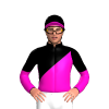 SHOCKING PINK, BLACK DIAGONAL HALVES, BLACK COLLAR,SHOCKING PINK SLEEVES,BLACK HALVED, BLACK CAP, SHOCKING PINK PEAK