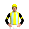 YELLOW, LIGHT BLUE STRIPES, BLACK SLEEVES, YELLOW ARMBAND, Orange cap
