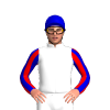 WHITE, RED SLEEVES, MEDIUM BLUE STRIPED, MEDIUM BLUE CAP 