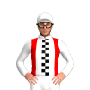 RED ,WHITE THIRDS, WHITE, BLACK CHECKED STRIPE, WHITE SLEEVES, WHITE CAP, COLLAR