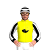 YELLOW, BLACK DISC, YELLOW HORSE HEAD , BLACK SLEEVES, WHITE STRIPES, HOOPS CAP, BLACK CUFF , WHITE PEAK