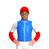BLUE,WHITE SEAMS,RED SLEEVES,WHITE HALVED, RED CAP