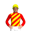 Red , yellow diagonal stripes, red sleeves, yellow cap