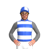 Royal blue , white hoops, grey sleeves, royal blue & white quartered cap