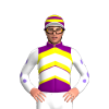 PURPLE, YELLOW CHEVRONS, WHITE TWO CHEVRONS,WHITE SLEEVES, MEDIUM PURPLE SPOTS , PURPLE CAP,YELLOW HOOPS,WHITE PEAK