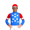 BLUE, WHITE SPOTS, BLUE SLEEVES,RED HALVED SLEEVES, WHITE ARM BANDS, RED CAP, WHITE PEAK