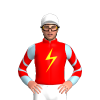 RED,YELLOW LIGHTNING BOLT,LIGHT BLUE SLEEVES,RED CHEVRONS,WHITE CAP,RED ZIGZAG CHEVRON