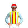YELLOW,RED STRIPES,LIGHT BLUE BRACES,SLEEVES,RED CAP,WHITE PEAK