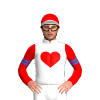 WHITE, RED HEART, RED SLEEVES, BLUE AND WHITE ARMBAND, RED CAP, BLUE CIRCLE ,WHITE PEAK