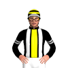 BLACK,YELLOW STRIPE, WHITE BRACES, BLACK SLEEVES, SILVER AND YELLOW ARMBAND, BLACK CAP, YELLOW HOOPS,WHITE CIRCLE,WHITE PEAK