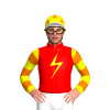 RED,YELLOW LIGHTNING BOLT,YELLOW SLEEVES,ORANGE HOOPS,YELLOW CAP,ORANGE STARS,WHITE PEAK