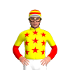 YELLOW, RED STARS, SLEEVES, YELLOW HALVED, CAP, RED HOOPS, WHITE PEAK