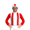 WHITE , LIGHT BLUE STRIPES , RED BRACES , SLEEVES , WHITE CAP ,RED STRIPE