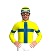 YELLOW, INDIGO CROSS, ARMBAND, INDIGO CAP, YELLOW HOOPS, WHITE PEAK