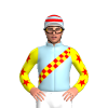 LIGHT BLUE, RED,YELLOW CHECKED SASH, YELLOW SLEEVES, RED STARS, LIGHT BLUE CAP, RED HOOPS, WHITE PEAK