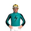 TEAL,BLACK LIGHTNING BOLT,TEAL SLEEVES,BLACK STRIPES,GOLD CAP,BLACK STARS,WHITE PEAK