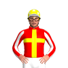 RED, YELLOW CROSS, WHITE SLEEVES, RED STRIPES, YELLOW CAP, WHITE STARS, PEAK