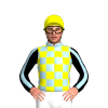 LIGHT BLUE, YELLOW CHECKS ,BLACK SLEEVES, LIGHT BLUE STRIPE, Yellow cap