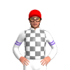 WHITE, GREY CHECKS,WHITE SLEEVES,MEDIUM PURPLE DOUBLE ARMBANDS, Red cap