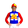 MEDIUM BLUE, WHITE SQUARES, YELLOW SQUARE, RED ALL SEEING EYE, RED SLEEVES,YELLOW QUARTERS CAP , BLACK POM POM