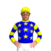 MEDIUM BLUE, YELLOW STARS, HOOPS SLEEVES, YELLOW COLLAR, CUFF, CAP