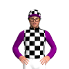 BLACK ,WHITE CHECKS, PURPLE SLEEVES, BLACK ,WHITE CHECKED CAP, PURPLE PEAK