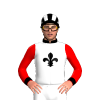 WHITE, BLACK FLEUR DE LYS, RED SLEEVES, BLACK COLLAR AND CUFFS, BLACK AND WHITE STRIPED CAP