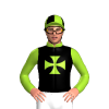 BLACK , YELLOW GREEN MALTESE CROSS, SLEEVES , QUARTERS CAP, PEAK, YELLOW GREEN COLLAR