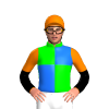 LIME, BLUE QUARTERS, BLACK SLEEVES, ORANGE HALVED, CAP