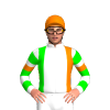 ORANGE, LIME HALVED VERTICAL,WHITE THIRDS, WHITE COLLAR, SLEEVES, LIME HOOPS, ORANGE ARMBANDS 