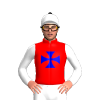RED, MEDIUM BLUE MALTESE CROSS, WHITE SLEEVES, CAP, BLACK POM POM