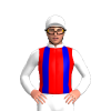 RED, MEDIUM BLUE BRACES, WHITE COLLAR, WHITE SLEEVES AND CAP