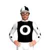 BLACK, WHITE O, COLLAR, SLEEVES, BLACK SPOTS, QUARTERS CAP , BLACK POM POM