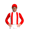 WHITE, RED BRACES,RED SLEEVES, CAP