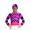 PINK, DARK BLUE , PINK CHEQUERED CHEVRONS, PINK, DARK BLUE HOOPED SLEEVES & QUARTERED CAP