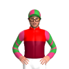 Red, Burgundy Half, Pink V’s, Dark Green Sleeves, Pink And Green Chevrons, Quartered Cap, Green Peak