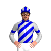 MEDIUM BLUE, SILVER DIAGONAL STRIPES, SLEEVES, MEDIUM BLUE ARMBANDS, SILVER STRIPED CAP, BLACK POM POM