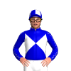 WHITE, MEDIUM BLUE DIABLO, COLLAR, medium blue SLEEVES, WHITE SEAMS, MEDIUM BLUE CAP, WHITE QUARTERS