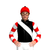BLACK, WHITE RIGHT SASH, RED SLEEVES, WHITE HOOPS,RED CAP, BLACK POM POM