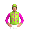 YELLOW GREEN, SHOCKING PINK SPOTS AND SLEEVES, YELLOW GREEN CUFFS ,CAP, SHOCKING PINK SPOTS