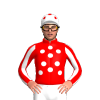 RED, WHITE SPOTS, WHITE SLEEVES, RED STRIPES, WHITE CAP, RED SPOTS