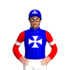 MEDIUM BLUE, WHITE MALTESE CROSS, RED SLEEVES, WHITE ARMBANDS, MEDIUM BLUE CAP, WHITE MALTESE CROSS, BLACK POM POM