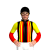 BLACK, RED STRIPES, YELLOW DOUBLE BRACES, RED SLEEVES, YELLOW HALVED, BLACK CAP