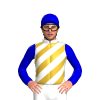 WHITE, GOLD DIAGONAL STRIPES, MEDIUM BLUE SLEEVES,CAP