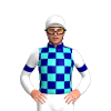 NAVY BLUE , TURQUOISE CHEQUERS, WHITE SLEEVES, NAVY BLUE ARMBANDS, WHITE CAP