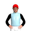 LIGHT BLUE, BLACK SLEEVES, RED CAP