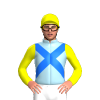 LIGHT BLUE,BLUE CROSSED SASHES,YELLOW SLEEVES,CAP
